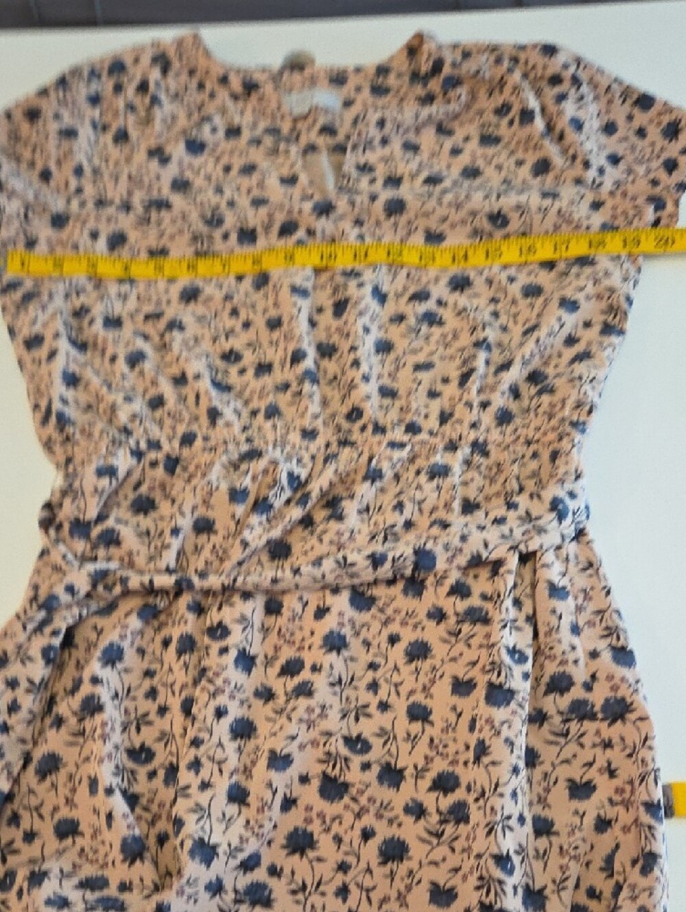 LOFT Tan Beige Blue Floral Midi Dress Size Medium - Picture 7 of 11